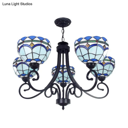 Mediterranean Stained Glass Pendant Light - 5 Blue Lights, Hanging Ceiling Fixture