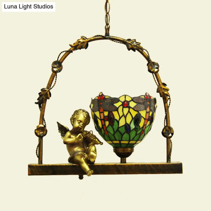 Mediterranean Stained Glass Pendant Light with Angel Deco - Red/Green