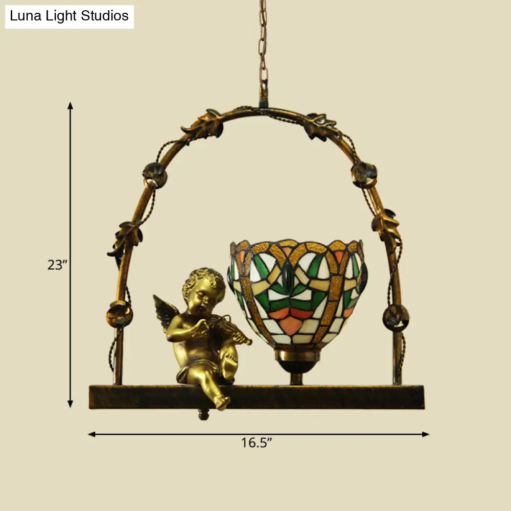 Mediterranean Stained Glass Pendant Light with Angel Deco - Red/Green