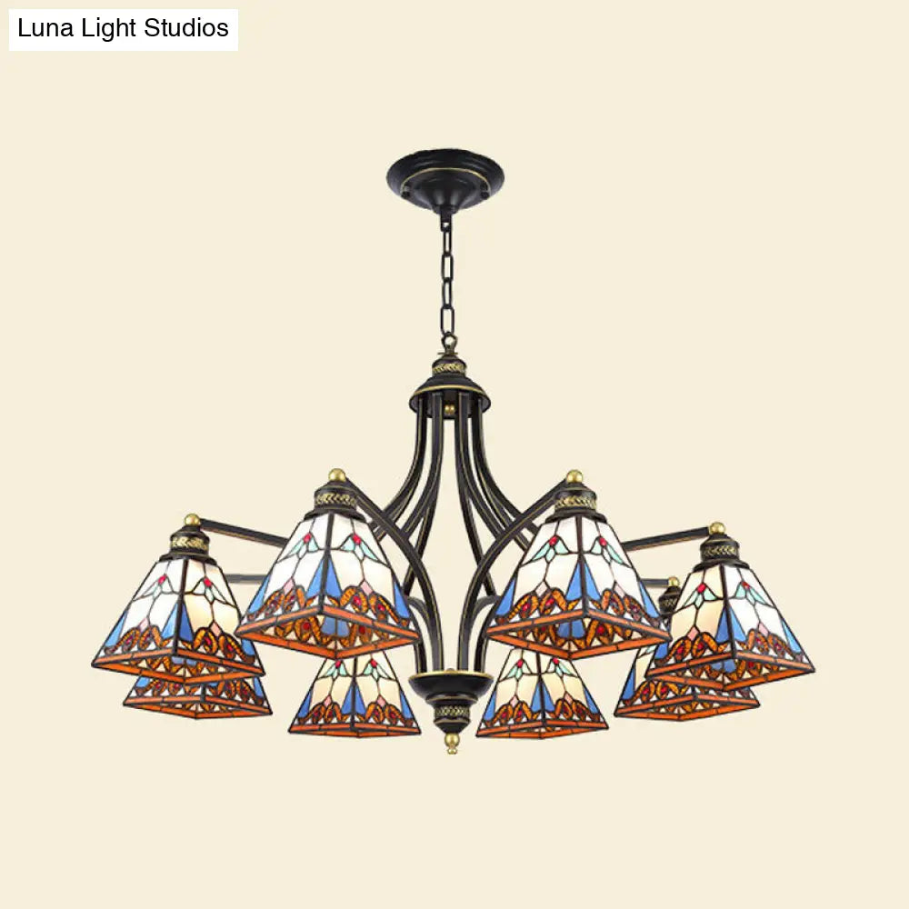 Mediterranean Stained Glass Pyramid Chandelier with 3/6/8 Lights in Vibrant Pink & Blue or Orange & Blue - Perfect for Living Room Ceiling!