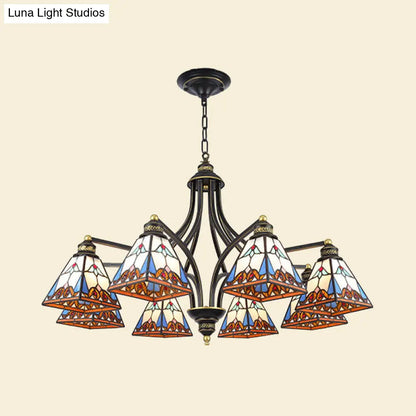 Mediterranean Stained Glass Pyramid Chandelier with 3/6/8 Lights in Vibrant Pink & Blue or Orange & Blue - Perfect for Living Room Ceiling!