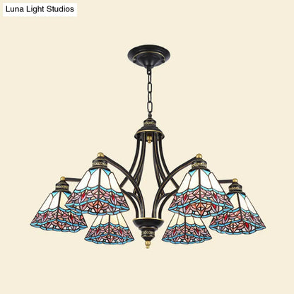 Mediterranean Stained Glass Pyramid Chandelier with 3/6/8 Lights in Vibrant Pink & Blue or Orange & Blue - Perfect for Living Room Ceiling!