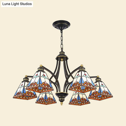 Mediterranean Stained Glass Pyramid Chandelier with 3/6/8 Lights in Vibrant Pink & Blue or Orange & Blue - Perfect for Living Room Ceiling!