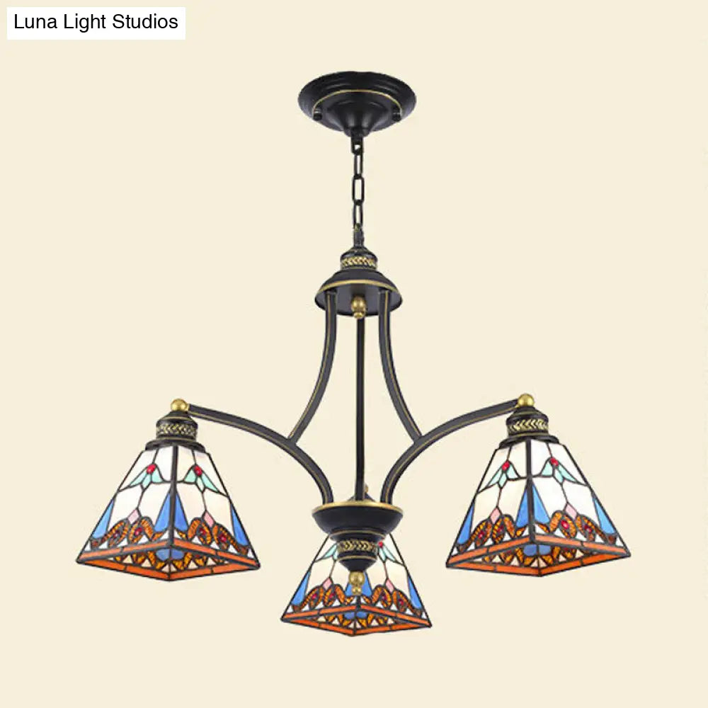 Mediterranean Stained Glass Pyramid Chandelier with 3/6/8 Lights in Vibrant Pink & Blue or Orange & Blue - Perfect for Living Room Ceiling!