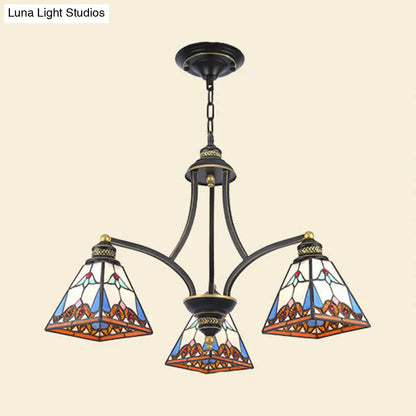 Mediterranean Stained Glass Pyramid Chandelier with 3/6/8 Lights in Vibrant Pink & Blue or Orange & Blue - Perfect for Living Room Ceiling!