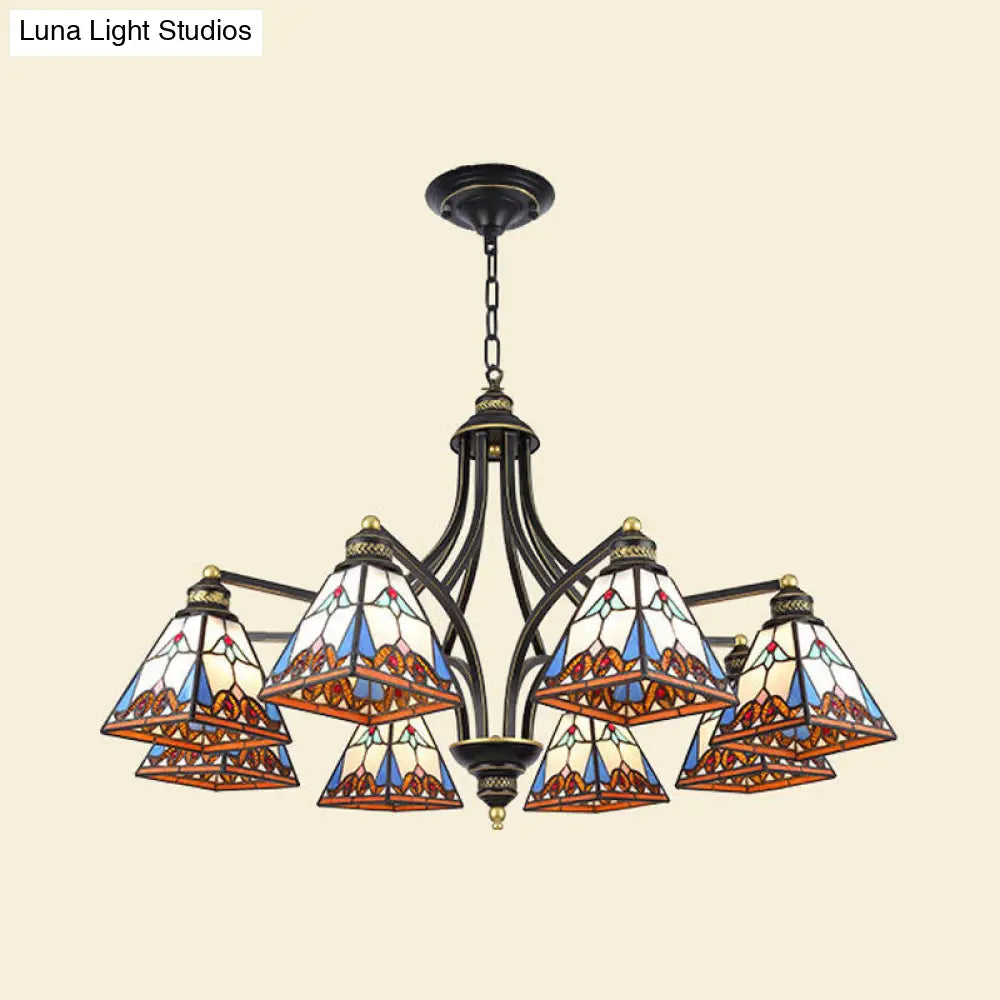 Mediterranean Stained Glass Pyramid Chandelier with 3/6/8 Lights in Vibrant Pink & Blue or Orange & Blue - Perfect for Living Room Ceiling!