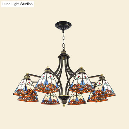 Mediterranean Stained Glass Pyramid Chandelier with 3/6/8 Lights in Vibrant Pink & Blue or Orange & Blue - Perfect for Living Room Ceiling!