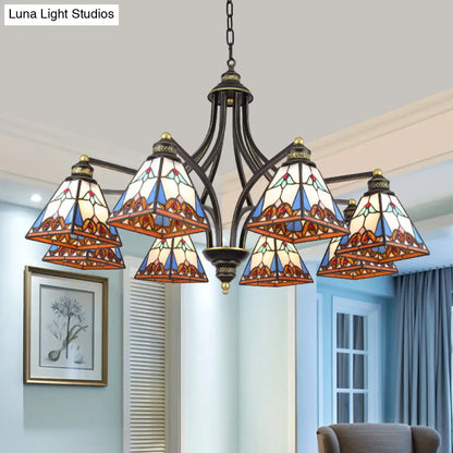 Mediterranean Stained Glass Pyramid Chandelier with 3/6/8 Lights in Vibrant Pink & Blue or Orange & Blue - Perfect for Living Room Ceiling!