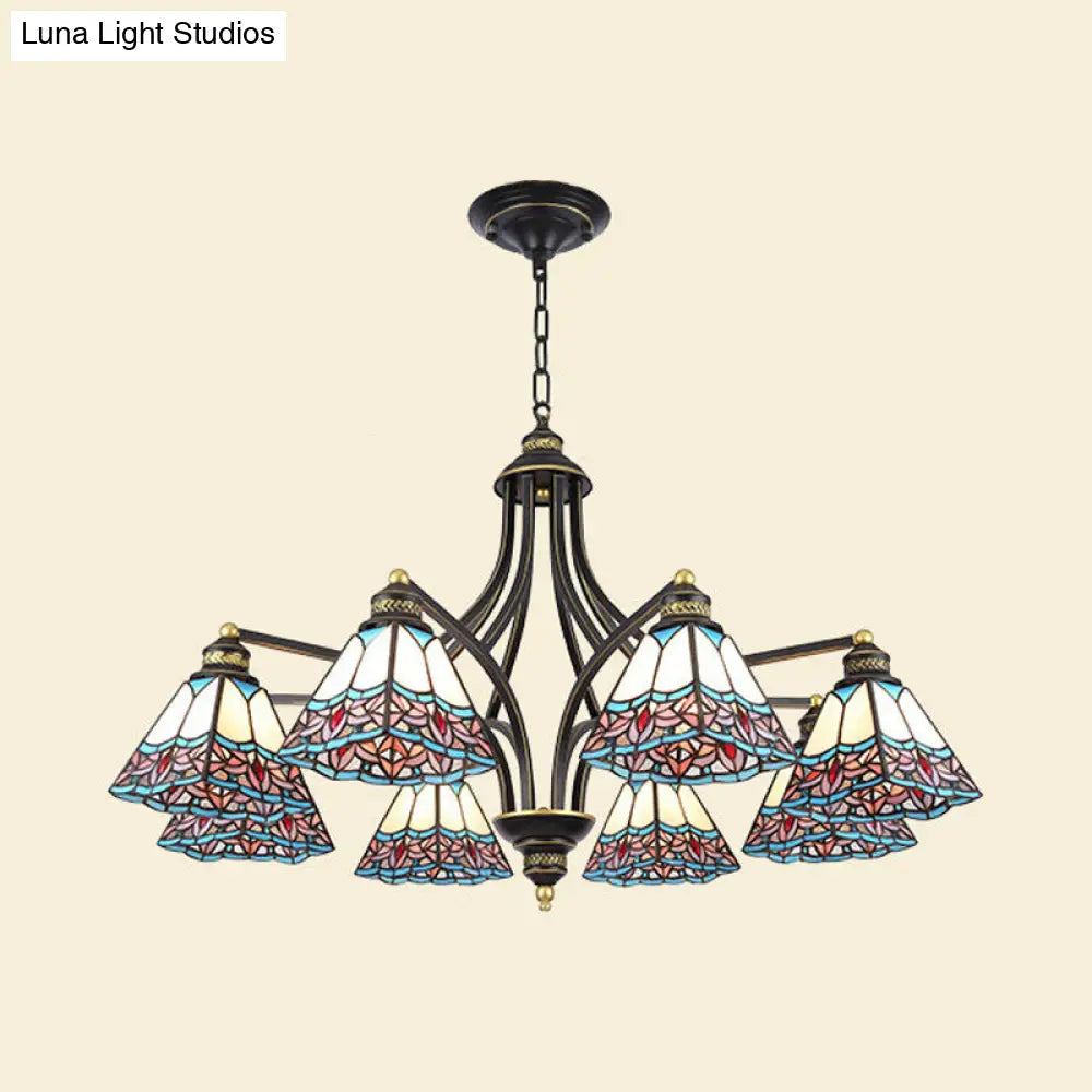 Mediterranean Stained Glass Pyramid Chandelier with 3/6/8 Lights in Vibrant Pink & Blue or Orange & Blue - Perfect for Living Room Ceiling!