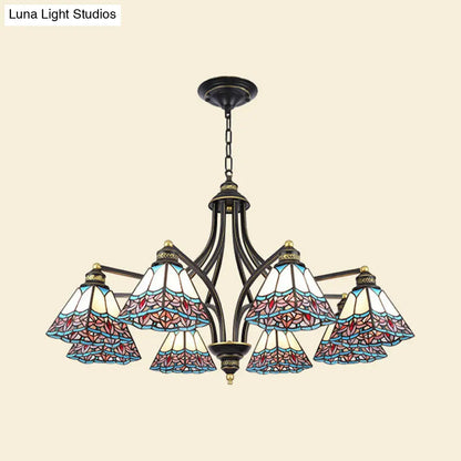 Mediterranean Stained Glass Pyramid Chandelier with 3/6/8 Lights in Vibrant Pink & Blue or Orange & Blue - Perfect for Living Room Ceiling!