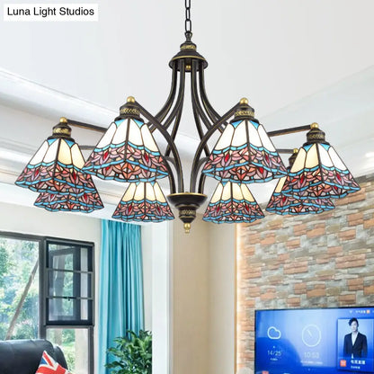 Mediterranean Stained Glass Pyramid Chandelier with 3/6/8 Lights in Vibrant Pink & Blue or Orange & Blue - Perfect for Living Room Ceiling!