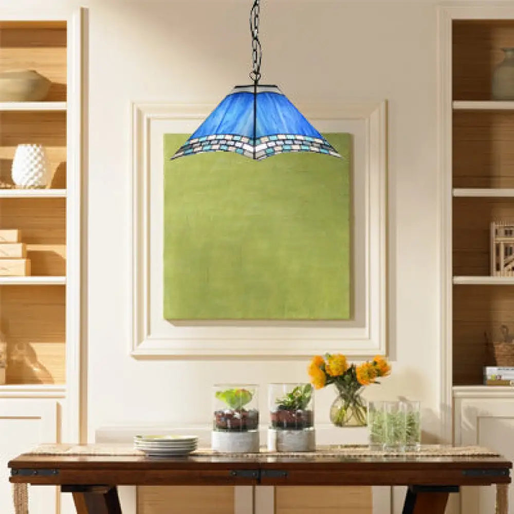 Mediterranean Stained Glass Pyramid Pendant Light - Blue Single Bulb - 11.5"/18" Width - Multicolored - Kitchen Hanging Lamp