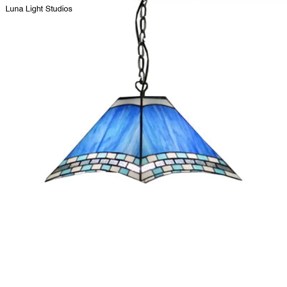 Mediterranean Stained Glass Pyramid Pendant Light - Blue Single Bulb - 11.5"/18" Width - Multicolored - Kitchen Hanging Lamp