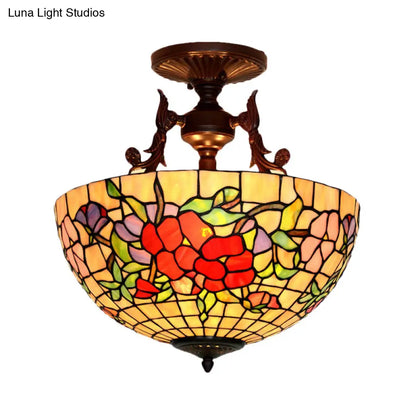 DecorBites™ DecorBites™ Mediterranean Stained Glass Semi Flush Mount Light - 3 Red/Blue Lights for Living Room Ceiling