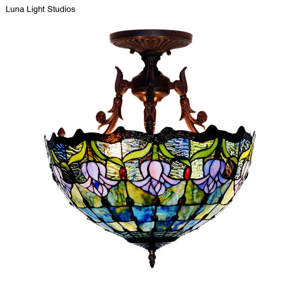 DecorBites™ DecorBites™ Mediterranean Stained Glass Semi Flush Mount Light - 3 Red/Blue Lights for Living Room Ceiling