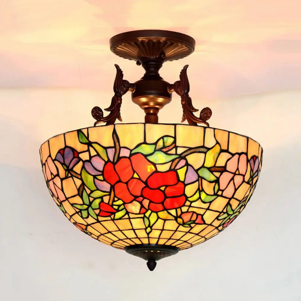 DecorBites™ DecorBites™ Mediterranean Stained Glass Semi Flush Mount Light - 3 Red/Blue Lights for Living Room Ceiling