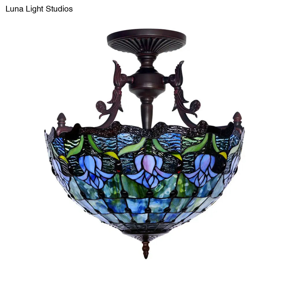 DecorBites™ DecorBites™ Mediterranean Stained Glass Semi Flush Mount Light - 3 Red/Blue Lights for Living Room Ceiling