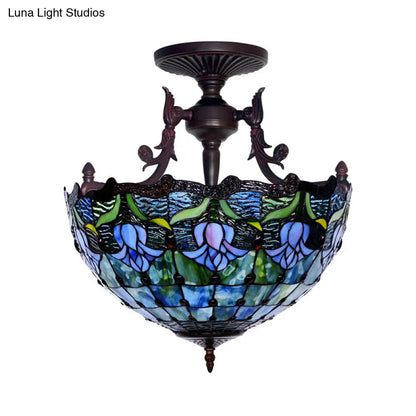 DecorBites™ DecorBites™ Mediterranean Stained Glass Semi Flush Mount Light - 3 Red/Blue Lights for Living Room Ceiling