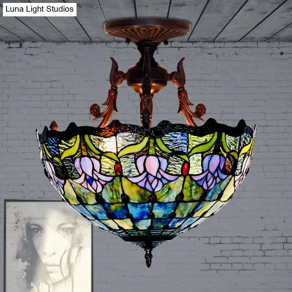 DecorBites™ DecorBites™ Mediterranean Stained Glass Semi Flush Mount Light - 3 Red/Blue Lights for Living Room Ceiling