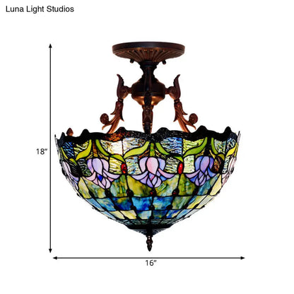 DecorBites™ DecorBites™ Mediterranean Stained Glass Semi Flush Mount Light - 3 Red/Blue Lights for Living Room Ceiling