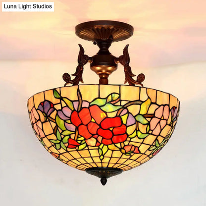 DecorBites™ DecorBites™ Mediterranean Stained Glass Semi Flush Mount Light - 3 Red/Blue Lights for Living Room Ceiling