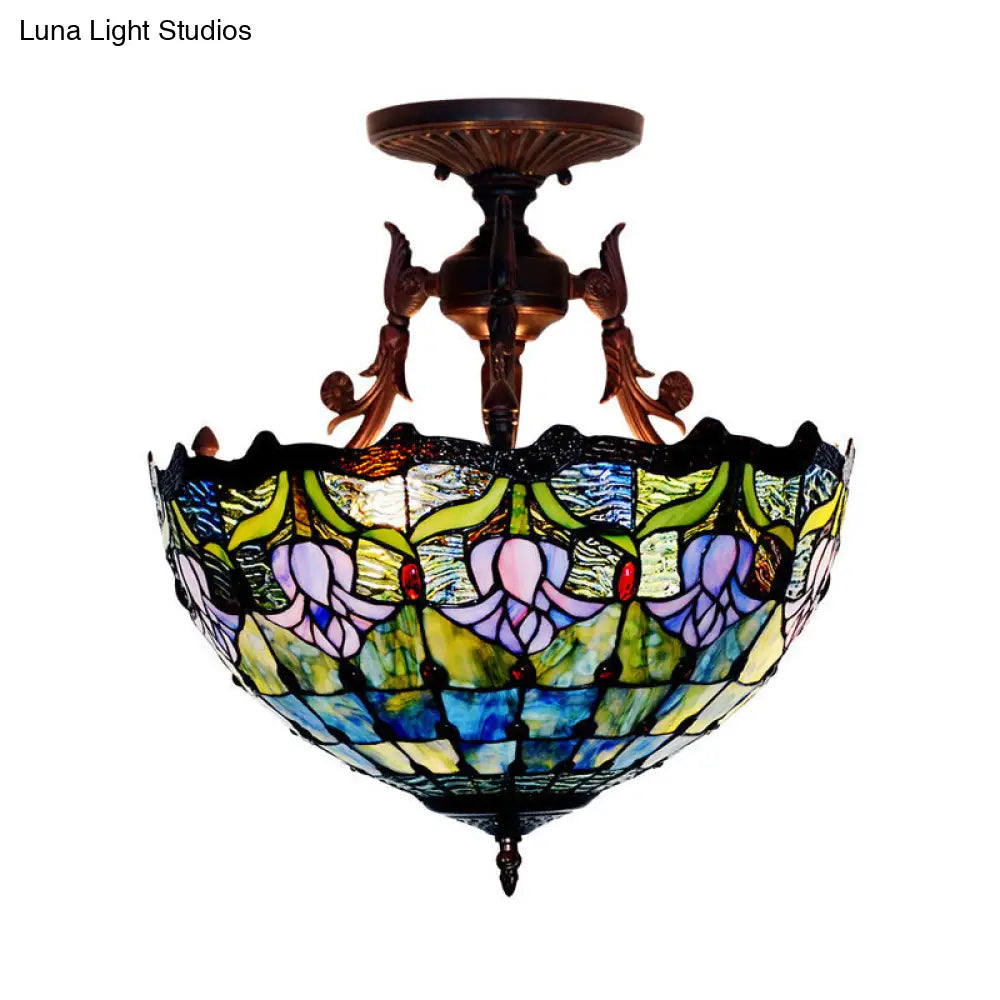 DecorBites™ DecorBites™ Mediterranean Stained Glass Semi Flush Mount Light - 3 Red/Blue Lights for Living Room Ceiling