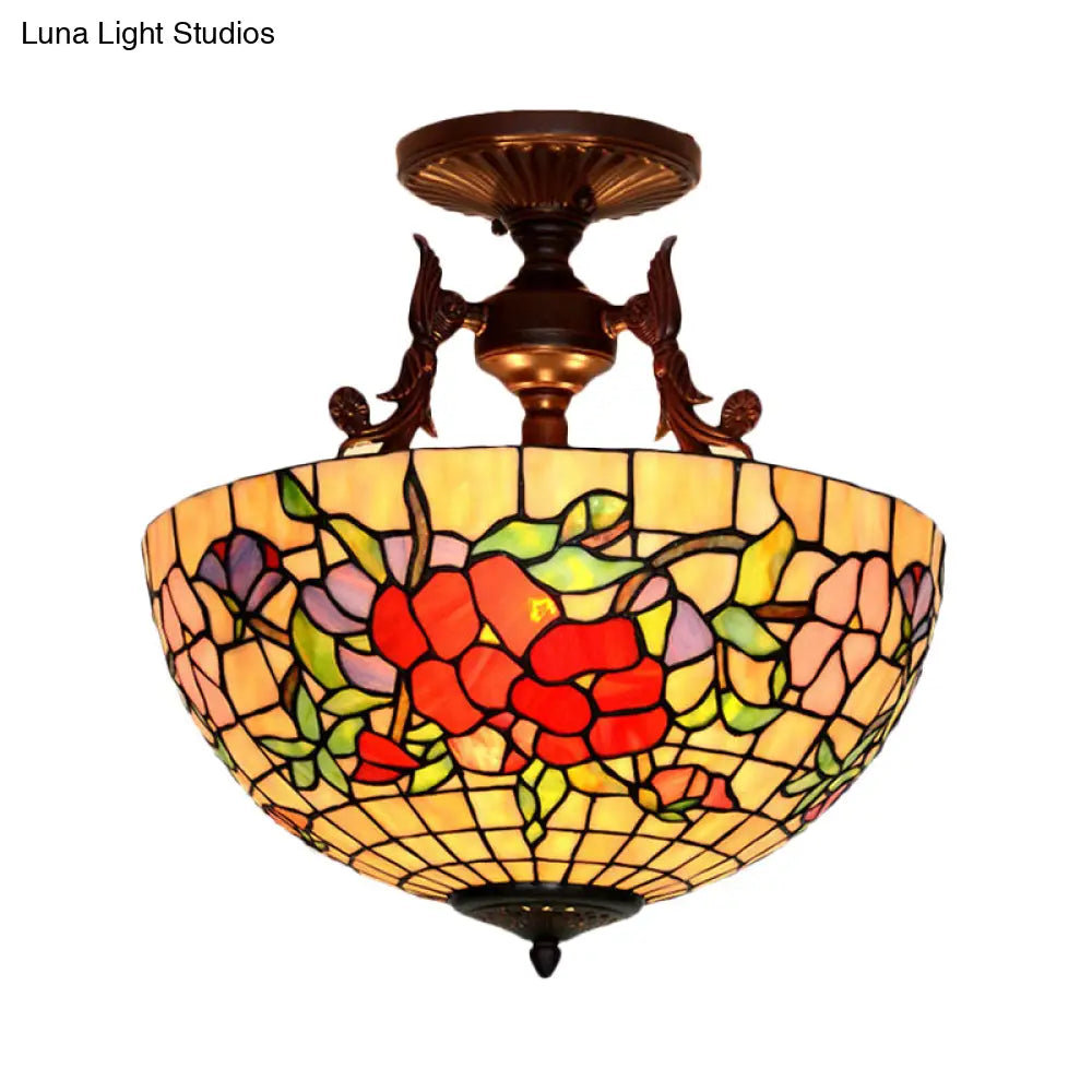 DecorBites™ DecorBites™ Mediterranean Stained Glass Semi Flush Mount Light - 3 Red/Blue Lights for Living Room Ceiling