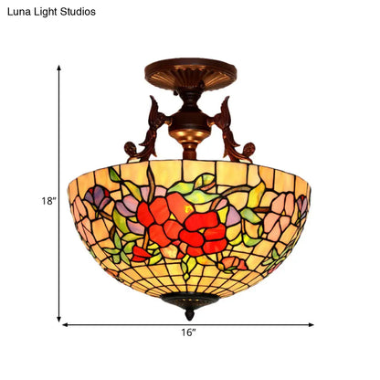 DecorBites™ DecorBites™ Mediterranean Stained Glass Semi Flush Mount Light - 3 Red/Blue Lights for Living Room Ceiling