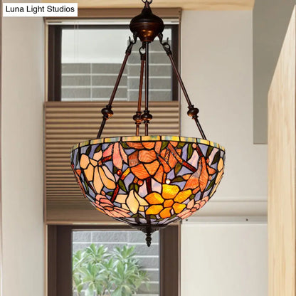 Mediterranean Style 2-Light Glass Bowl Chandelier - Red/Yellow/Blue Suspension Lamp for Living Room