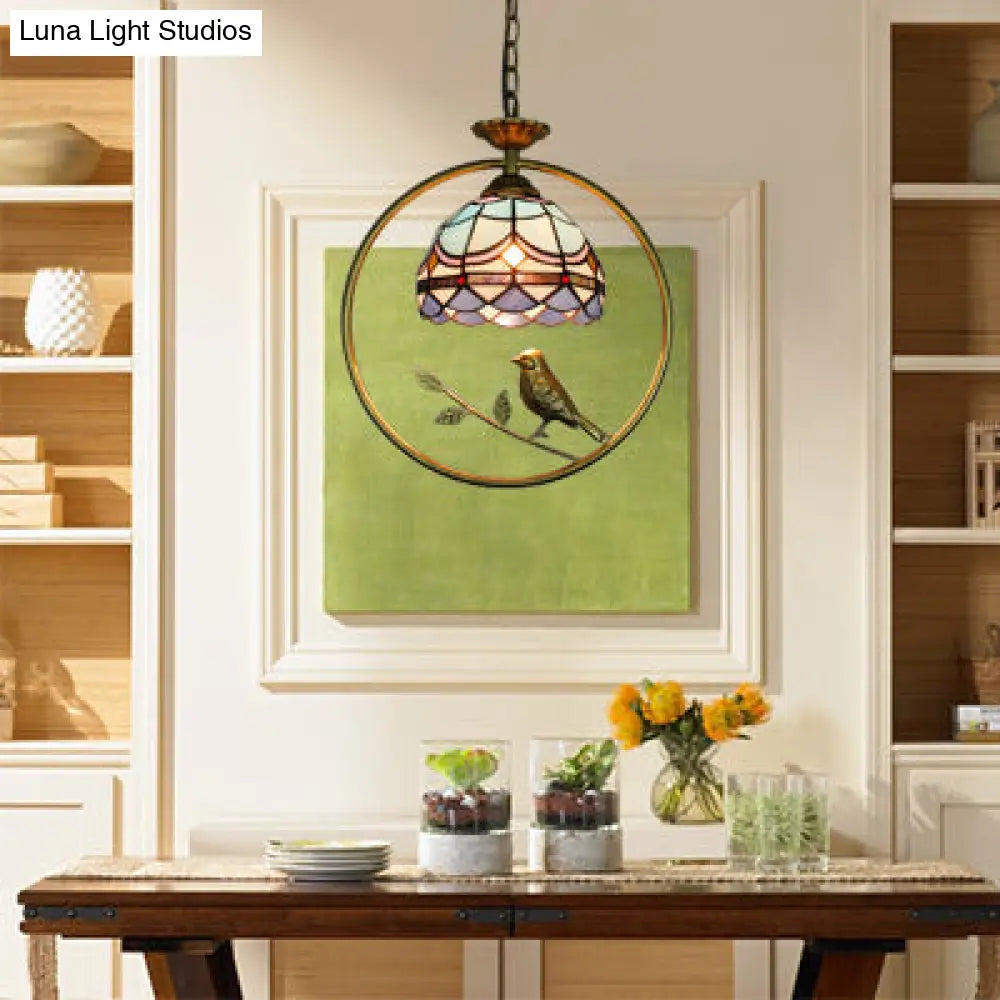 Mediterranean Style Dome Pendant Ceiling Light - 1 Head Stainless Glass Hanging Lamp with Brass Ring