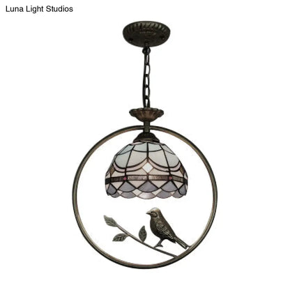 Mediterranean Style Dome Pendant Ceiling Light - 1 Head Stainless Glass Hanging Lamp with Brass Ring