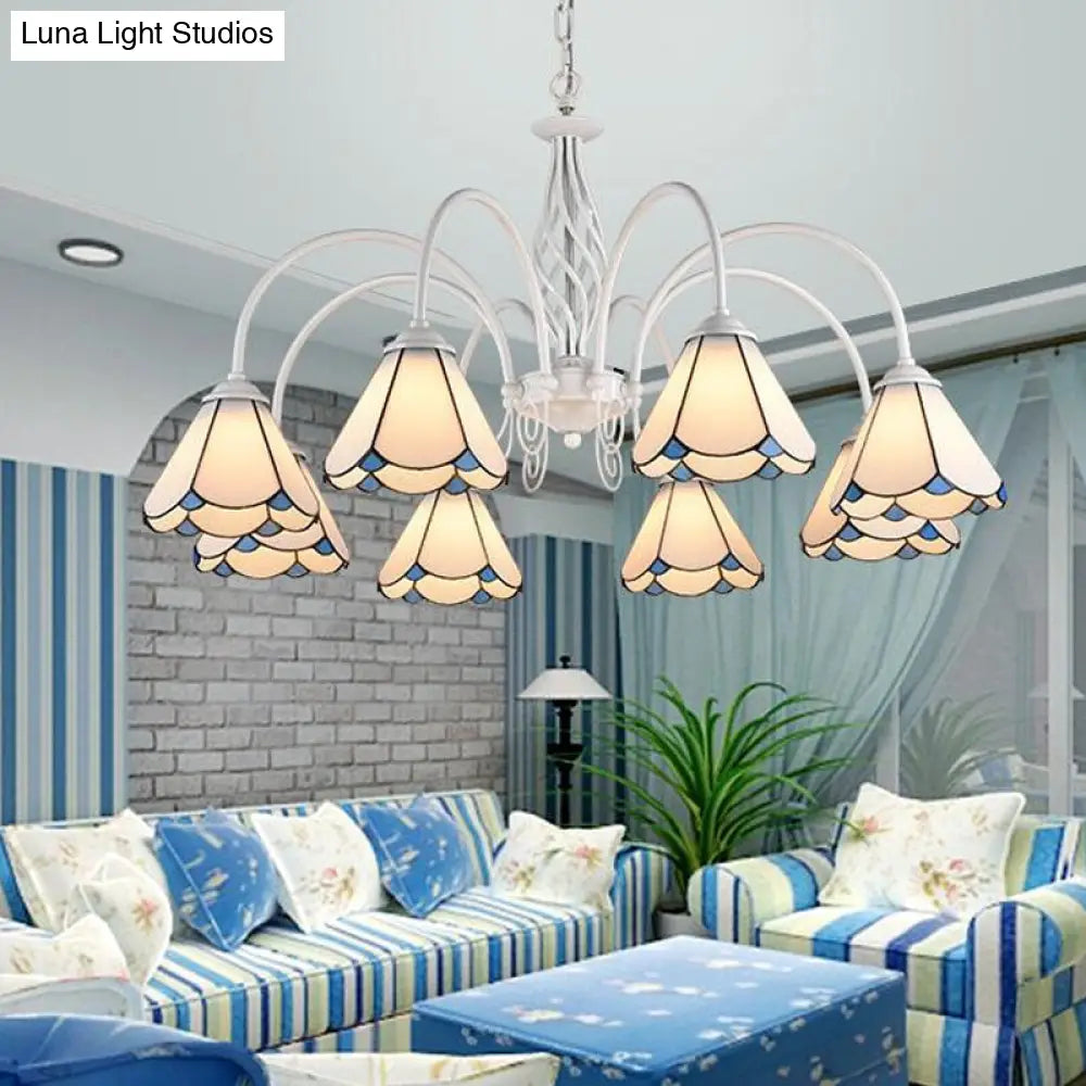 Mediterranean Style White Living Room Chandelier with Scalloped Glass Shade