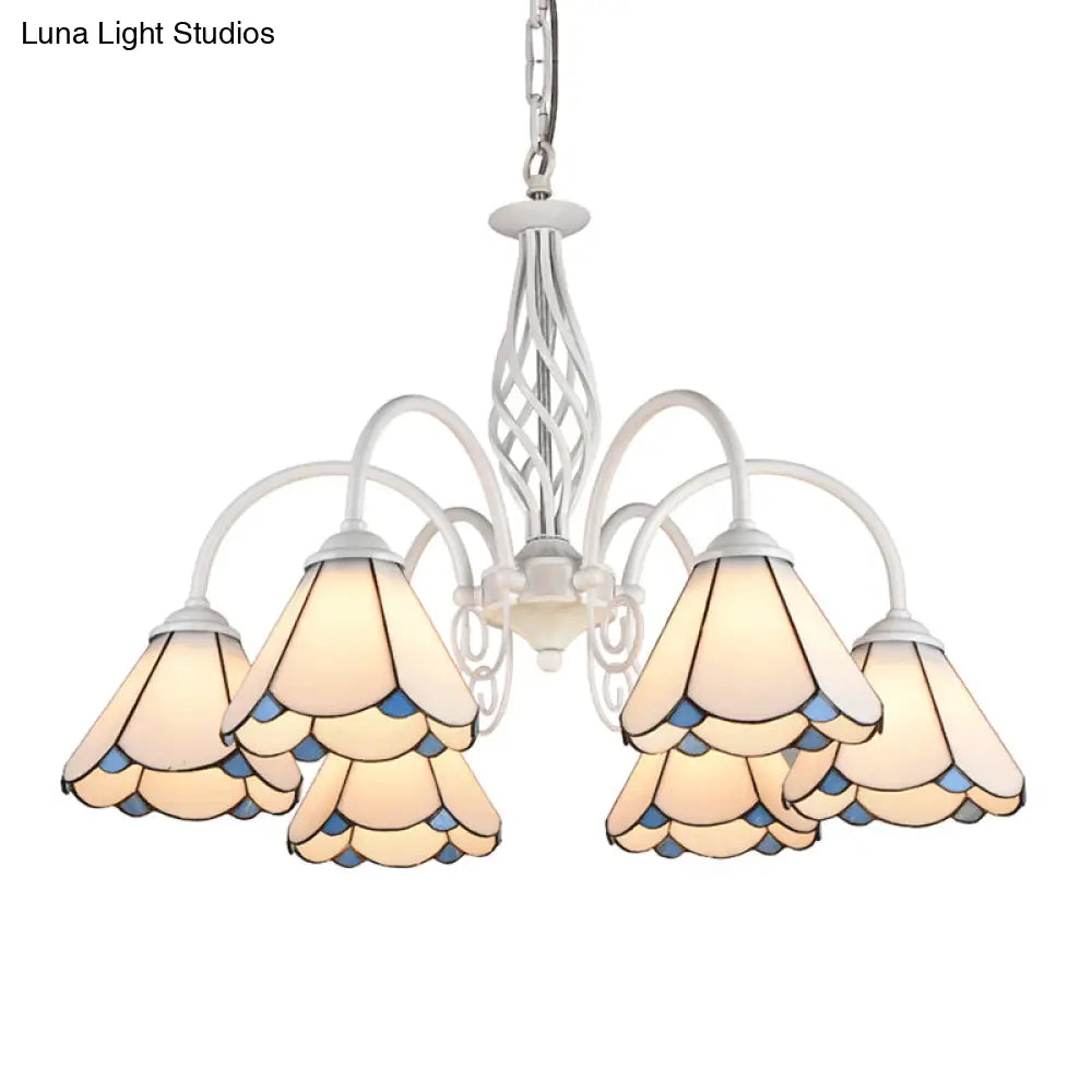 Mediterranean Style White Living Room Chandelier with Scalloped Glass Shade