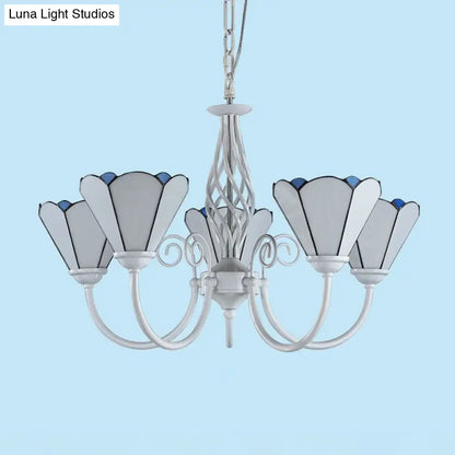 Mediterranean Style White Living Room Chandelier with Scalloped Glass Shade