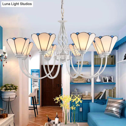 Mediterranean Style White Living Room Chandelier with Scalloped Glass Shade