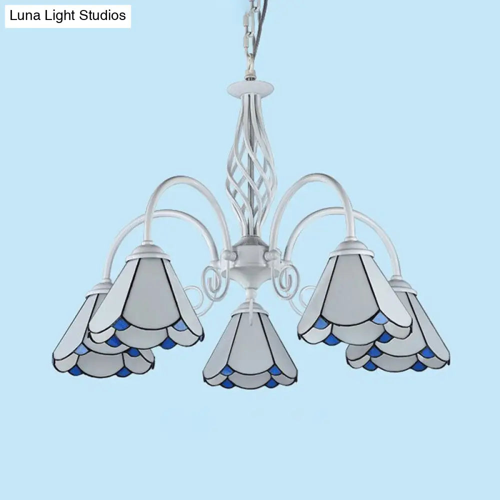 Mediterranean Style White Living Room Chandelier with Scalloped Glass Shade