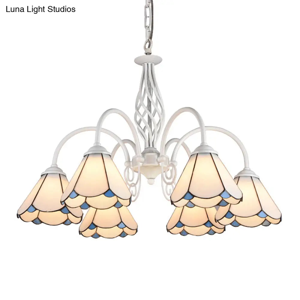 Mediterranean Style White Living Room Chandelier with Scalloped Glass Shade