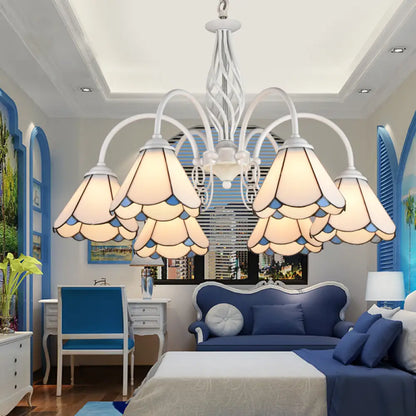 Mediterranean Style White Living Room Chandelier with Scalloped Glass Shade