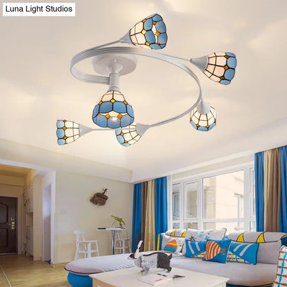 DecorBites™ DecorBites™ Mediterranean Swirl Semi Flush Ceiling Light with Floral Accents – Light Blue and White Glass, Ideal for Living Room
