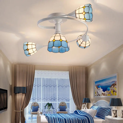 DecorBites™ DecorBites™ Mediterranean Swirl Semi Flush Ceiling Light with Floral Accents – Light Blue and White Glass, Ideal for Living Room