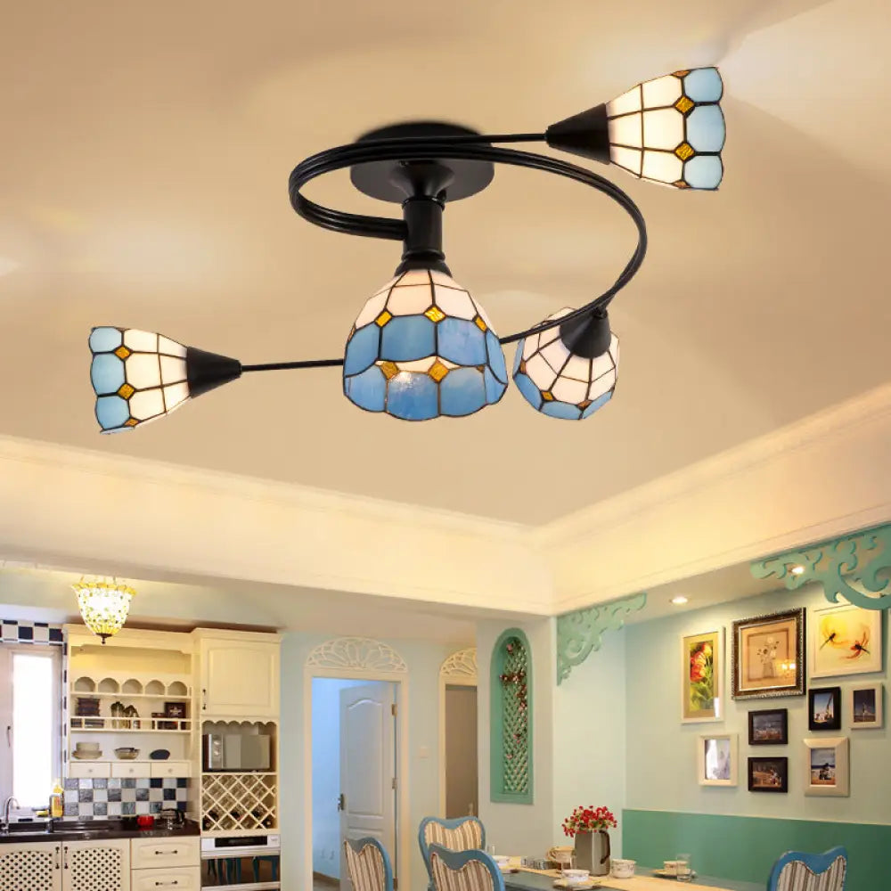 DecorBites™ DecorBites™ Mediterranean Swirl Semi Flush Ceiling Light with Floral Accents – Light Blue and White Glass, Ideal for Living Room
