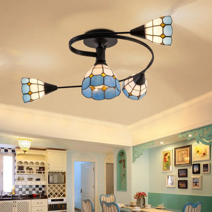 DecorBites™ DecorBites™ Mediterranean Swirl Semi Flush Ceiling Light with Floral Accents – Light Blue and White Glass, Ideal for Living Room
