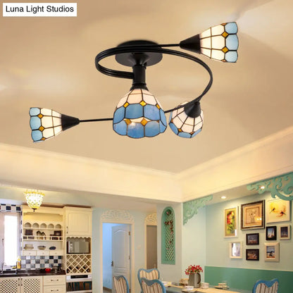 DecorBites™ DecorBites™ Mediterranean Swirl Semi Flush Ceiling Light with Floral Accents – Light Blue and White Glass, Ideal for Living Room