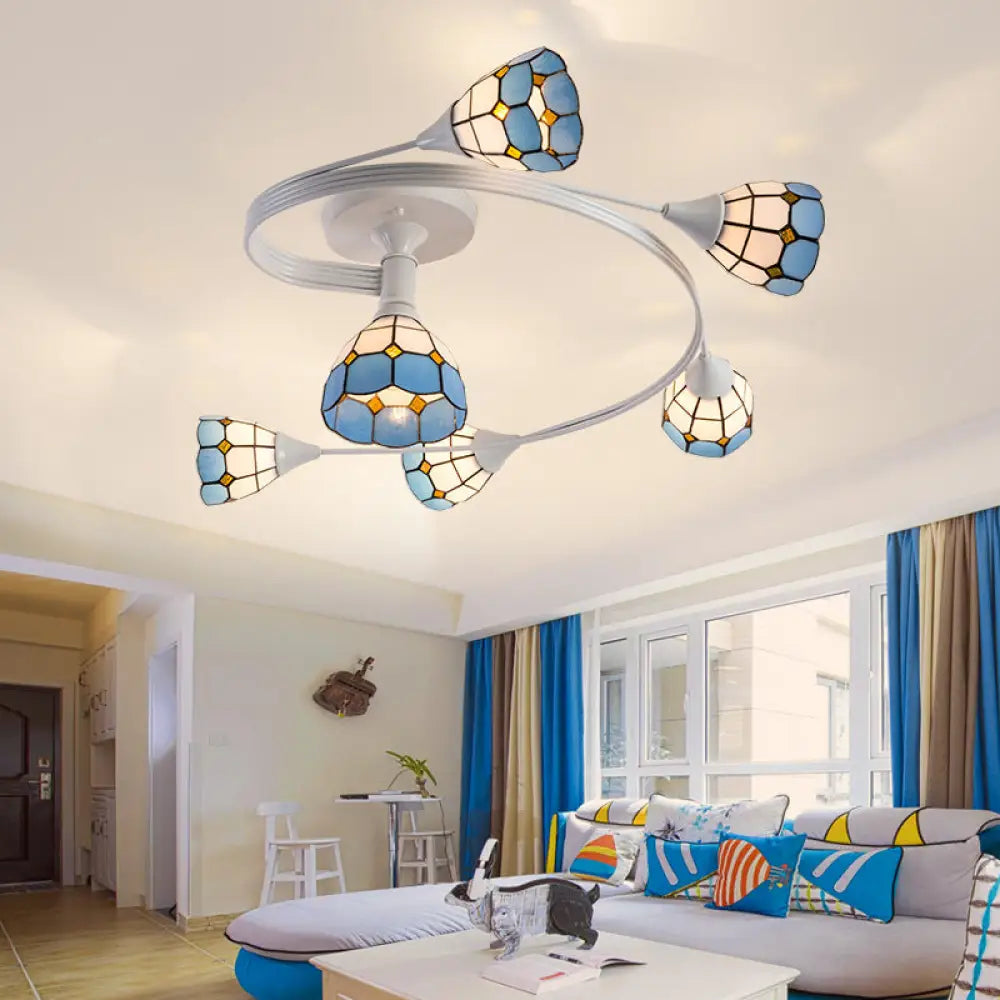 DecorBites™ DecorBites™ Mediterranean Swirl Semi Flush Ceiling Light with Floral Accents – Light Blue and White Glass, Ideal for Living Room