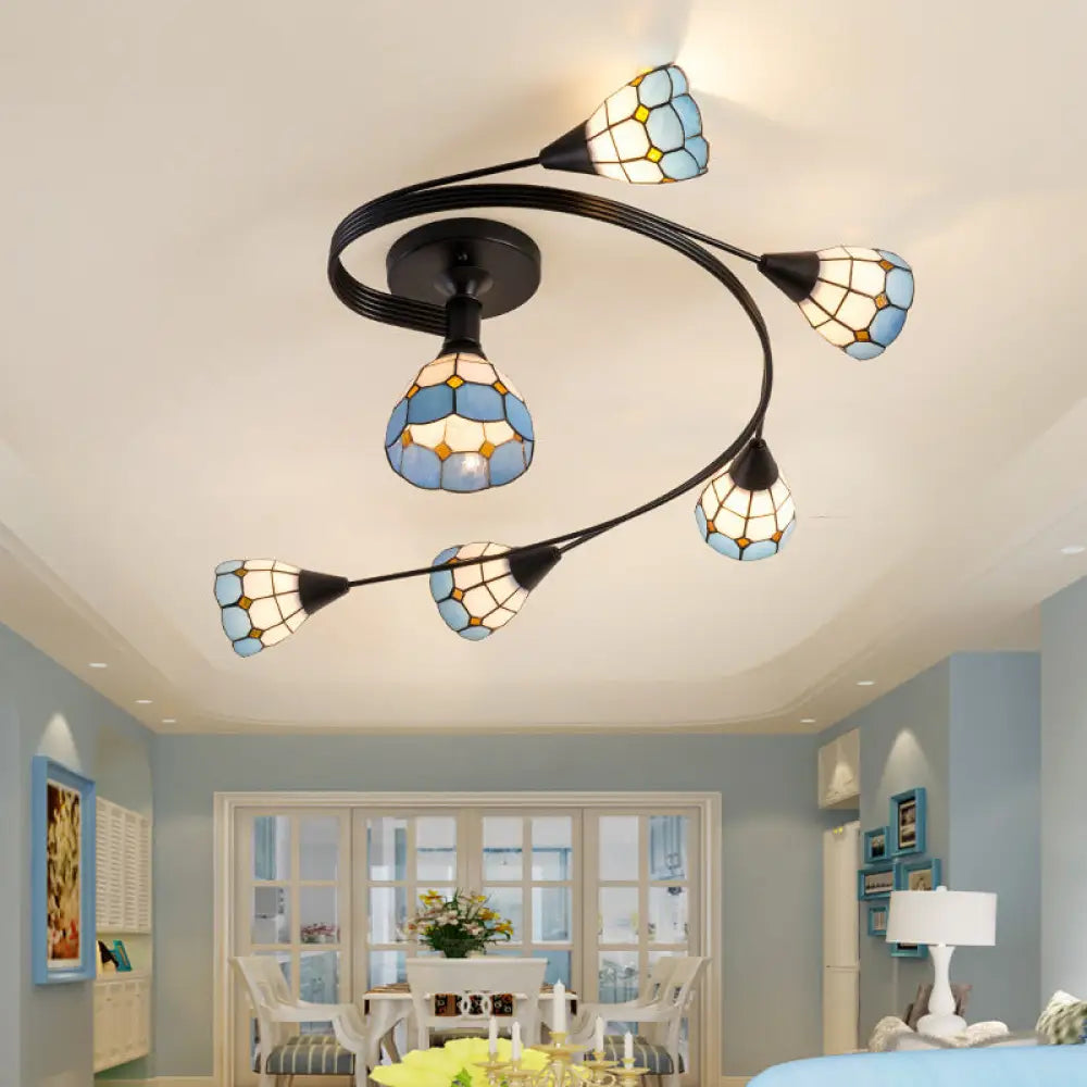 DecorBites™ DecorBites™ Mediterranean Swirl Semi Flush Ceiling Light with Floral Accents – Light Blue and White Glass, Ideal for Living Room