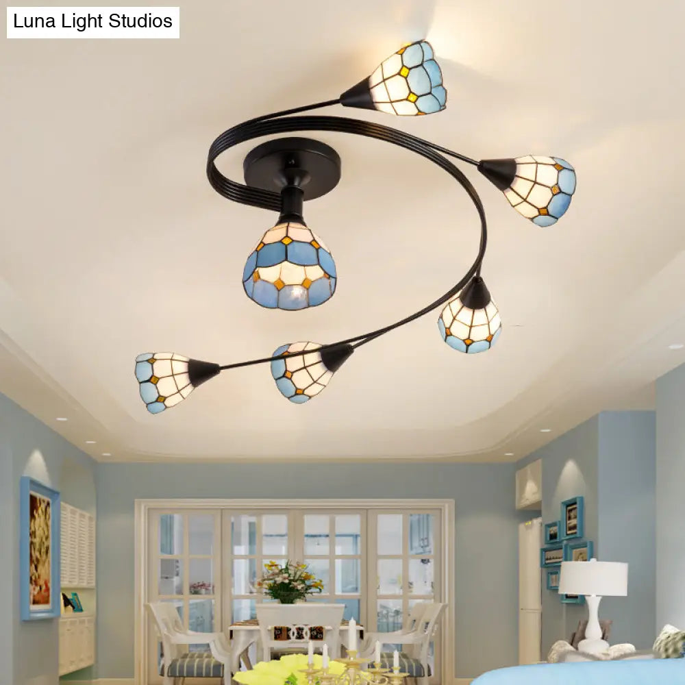 DecorBites™ DecorBites™ Mediterranean Swirl Semi Flush Ceiling Light with Floral Accents – Light Blue and White Glass, Ideal for Living Room
