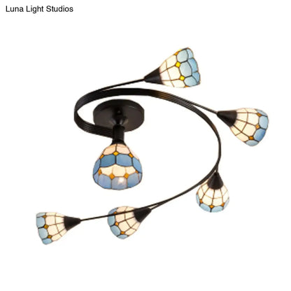 DecorBites™ DecorBites™ Mediterranean Swirl Semi Flush Ceiling Light with Floral Accents – Light Blue and White Glass, Ideal for Living Room