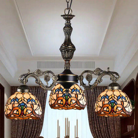 Mediterranean Tiffany-style Hanging Lamp with Baroque Stained Glass Shade and Aged Aluminum Treatment