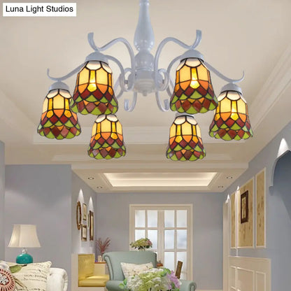 DecorBites™ DecorBites™ Mediterranean White Stained Glass Semi Flush Ceiling Mount Light - 6/8-Light Bell Design for Living Room