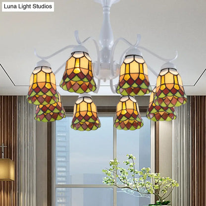 DecorBites™ DecorBites™ Mediterranean White Stained Glass Semi Flush Ceiling Mount Light - 6/8-Light Bell Design for Living Room